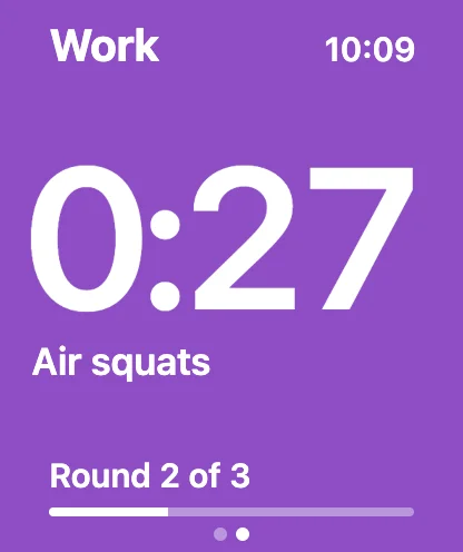 Apple Watch in a work phase: Air squats, 0:27, round 2 of 3.